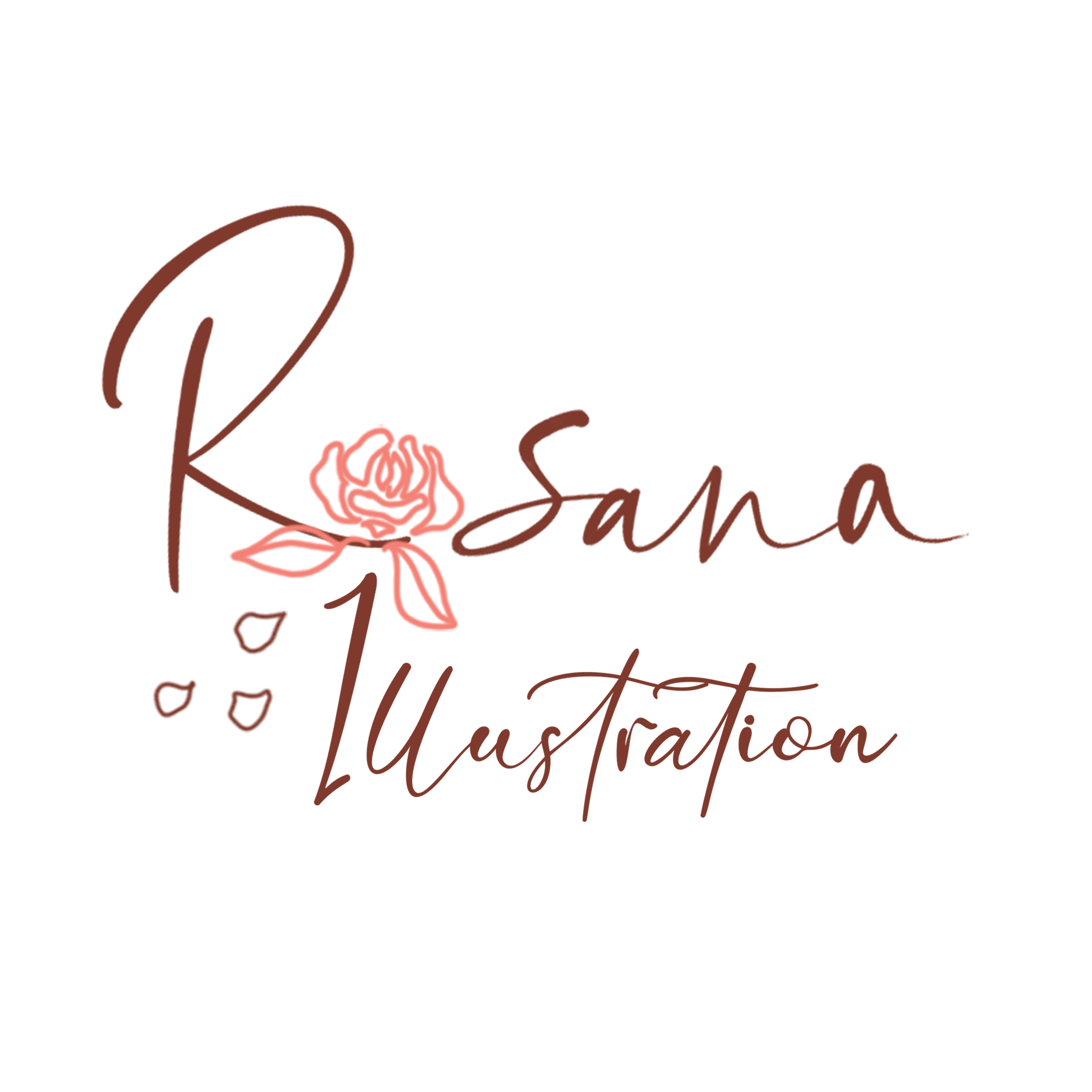 logo du site Rosana Illustration agrandi, formé de lettres brun-bordeaux, avec un tracé rose qui forme une rose à la place du O de Rosana et trois pétales roses qui tombent, par Rosana Illustration (artiste Nathalie Goullioud)