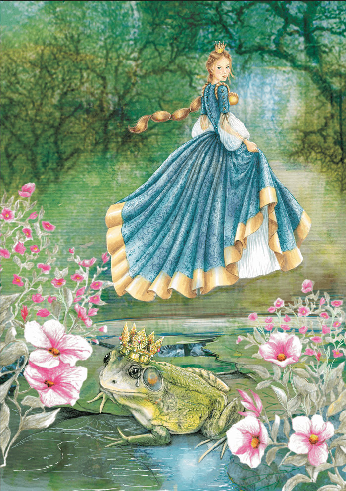 ILLUSTATION DU CONTE "LA PRINCESSE ET LA GRENOUILLE" une princesse en robe bleue tenant une balle en or, arrière plan de forêt et une grenouille couronnée qui pleure en avant-plan