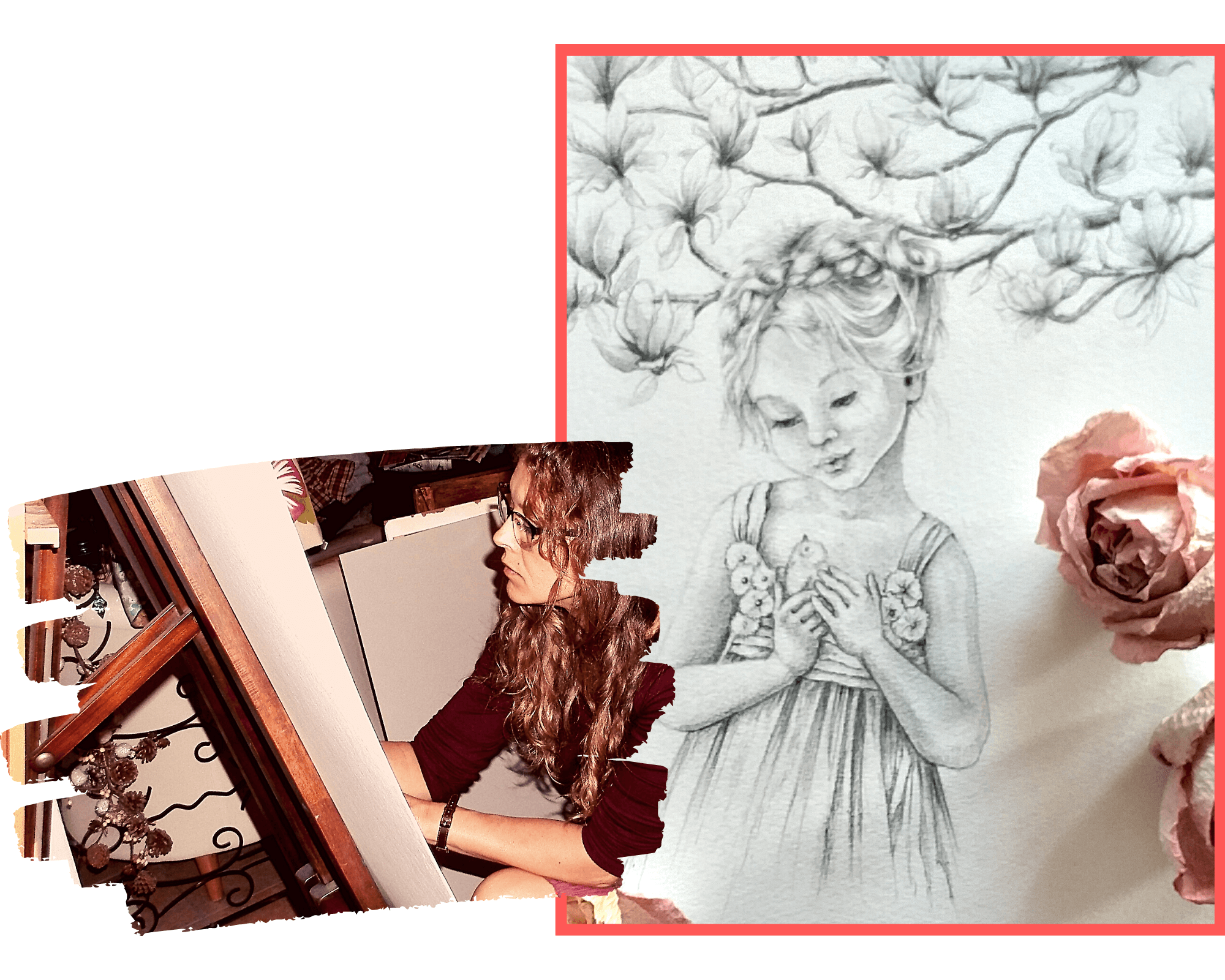 photo de Nathalie Goullioud en train de peindre et dessin petite fille et roses de Nathalie Goullioud