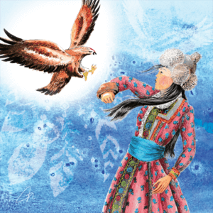 Carte Postale de Rosana Illustration, peinte à l'aquarelle, représentant une jeune fille de Mongolie avec son faucon. Vêtue d'un bonnet de fourrure et d'une robe brodée de motif, elle se détache du fond bleu profond, qui s'agrément de plumes en transparence. Le faucon va se poser sur sa main droite. Un spectre de faucon blanc transparent flotte au-dessus de sa tête, pour figurer l'esprit sauvage et rebel.