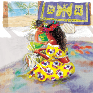 carte postale Rosana Illustration. Aquarelle représentant des jeunes filles tahitiennes tressant des paniers, assis sur un tapis coloré et abritée sous une paillotte. Le fond représente la mer et un palmier. Un tapis tressé est pendu entre deux piliers, à larrière. Les jeunes filles maohis sont vêtues de robes chatoyantes et fleuries.