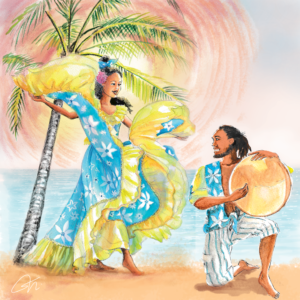 Carte postale d'après une aquarelle de Rosana Illustration, représentant un couple de réunionnais en train de danser et jouer de la musique, sur la plage. Le fond représente la mer et un palmier. La robe de la danseuse s'envole dans un frou-frou de volants. Les couleurs sont douces, à dominante de turquoise, de jaune et de rose. Le soleil est entouré d'un halo rose orangé.