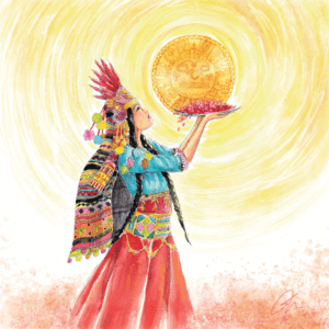 Carte Postale Rosana Illustration, à l'aquarelle, représentant une femme péruvienne, en costume typique, de profil, élevant un plateau rempli de fleurs vers un soleil de bronze décoré. Cette carte évoque la fête du soleil ou l'Inti Raymi.