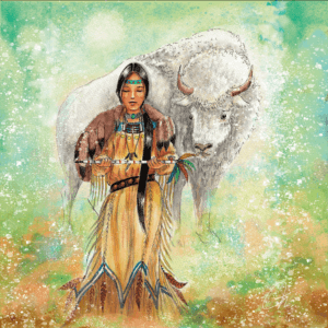 Aquarelle et digital painting de Rosana Illustration (Nathalie Goullioud), représentant la légende amérindienne du Bison Blanc. Une jeune indienne en robe de peau et plumes tient un calumet de la paix. Derrière, un bison blanc sort d'une brume de terre et de verdure.