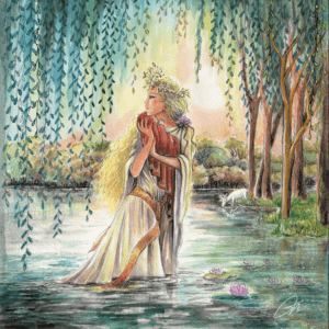 Carte Postale à l'aquarelle de Rosana Illustration, représentant la Fée Viviane, emportant Lancelot du Lac dans son palais sous les eaux. La fée est vêtue d'une robe médiévale blanche à rubans d'or, une couronne de perles sur la tête. Ses cheveux blonds et bouclés descendent jusqu'au bas de son dos. Elle marche dans l'eau du lac, sous les branche d'un saule. L'arrière-plan montre un cerf blanc buvant sur la berge, devant la forêt.