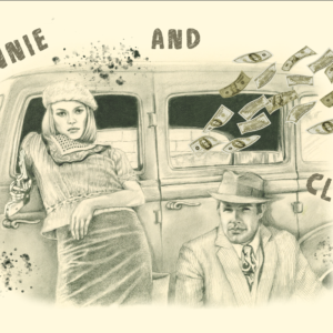 personnages du film "Bonnie and Clyde" d'Arthur Penn (1967), dessinés dans une composition de type affiche de film, par Rosana Illustration. Les fameux gangsters sont représentés devant leur voiture d'où s'envolent des dollars. Le décor porte des éclaboussures de sang. Illustration originale de Nathalie Goullioud
