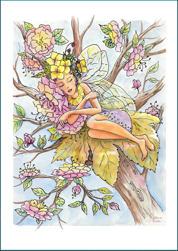 aquarelle de Rosana Illustration (artiste : Nathalie Goullioud) représentant une elfe coiffée de fleurs jaunes, endormie sur une branche.