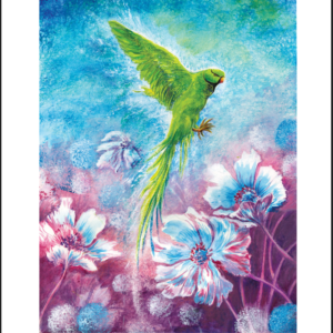 Affiche décorative de Rosana Illustration, représentant l'envol d'une perruche verte au dessus de fleurs géantes. Aquarelle, gouache et pastel.
