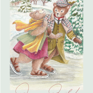 carte de voeux "Ours en Goguette" de Rosana Illustration, représentant un couple d'ours chaudement vêtus patinant sur une rivière gelée.