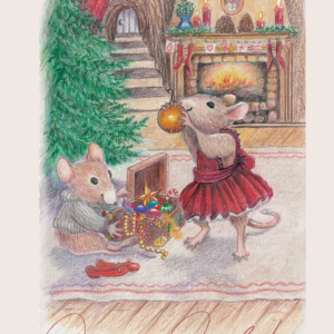 Carte de voeux "Souris en fête" de Rosana Illustration, représentant deux souris décorant leur sapin de Noël. Réalisation au crayon de couleur