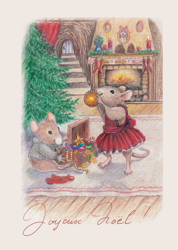 Carte de voeux "Souris en fête" de Rosana Illustration, représentant deux souris décorant leur sapin de Noël. Réalisation au crayon de couleur