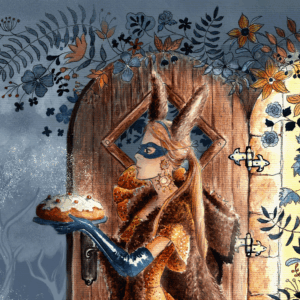 Puzzle "Peau d'Ane et le cake d'amour" d'après une illustration de Nathalie Goullioud représentant une jeune fille déguisée en "Peau d'Ane", portant une robe de bal dorée, des gants de satin bleus marine, une peau d'âne, un serre tête à oreilles d'âne et un gâteau sur un plat.