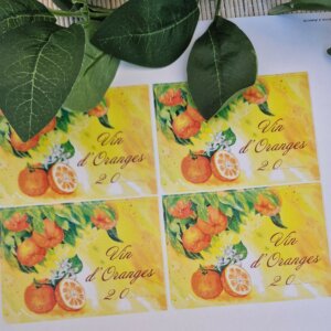 Planche de quatre étiquettes adhésives de vin d'orange, création de Rosana Illustration