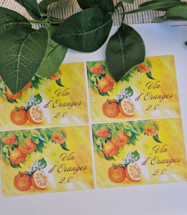 Planche de quatre étiquettes adhésives de vin d'orange, création de Rosana Illustration