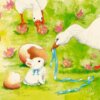 Carte de Pâques pour enfant, représentant un bébé lapin sorti d'un œuf d'Oie et maman oie étonnée. Création à l'aquarelle de Rosana Illustration