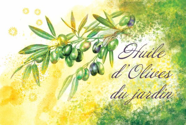 ETIQUETTE "HUILE D'OLIVE DU JARDIN" , création ROSANA ILLSUTRATION