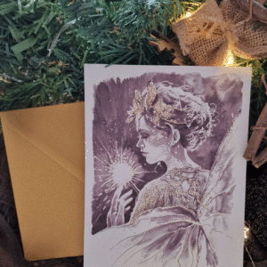 Photo du produit "Etincelle" : Carte de vœux artisanale et signée par Rosana Illustration, d'après une aquarelle originale avec ange tenant une étincelle.